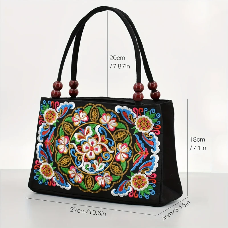 Women's Embroidered Handbag - Double Zipper, Printed Design, Stylish and Spacious