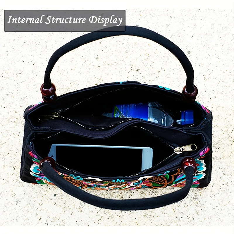 Women's Embroidered Handbag - Double Zipper, Printed Design, Stylish and Spacious