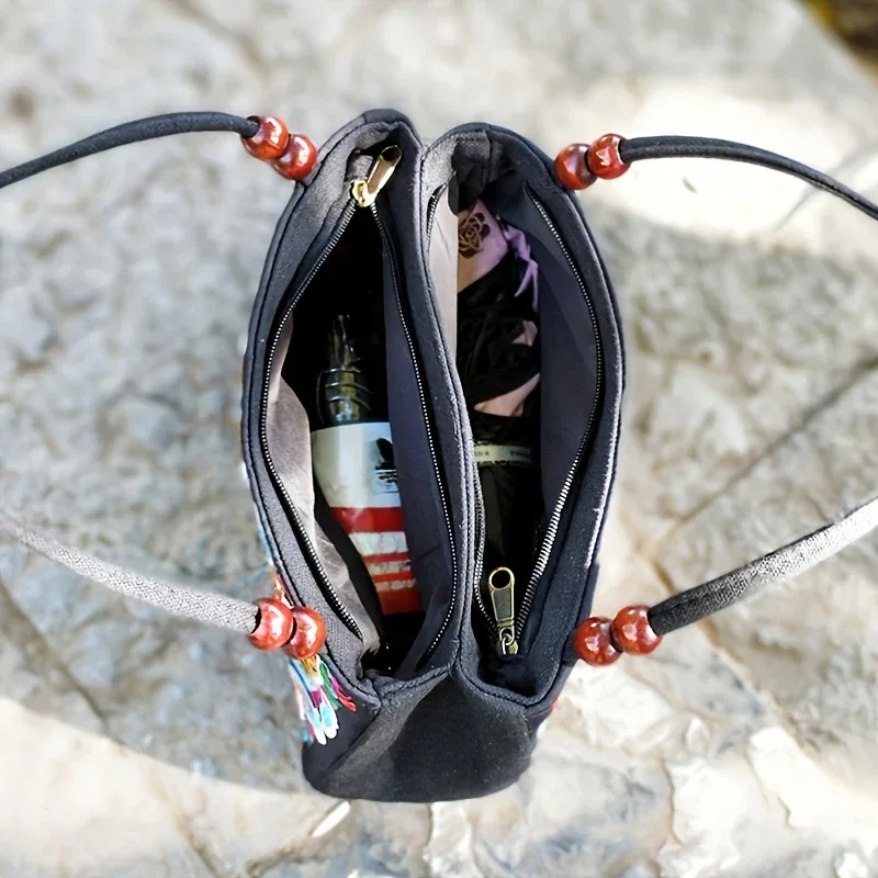 Women's Embroidered Handbag - Double Zipper, Printed Design, Stylish and Spacious