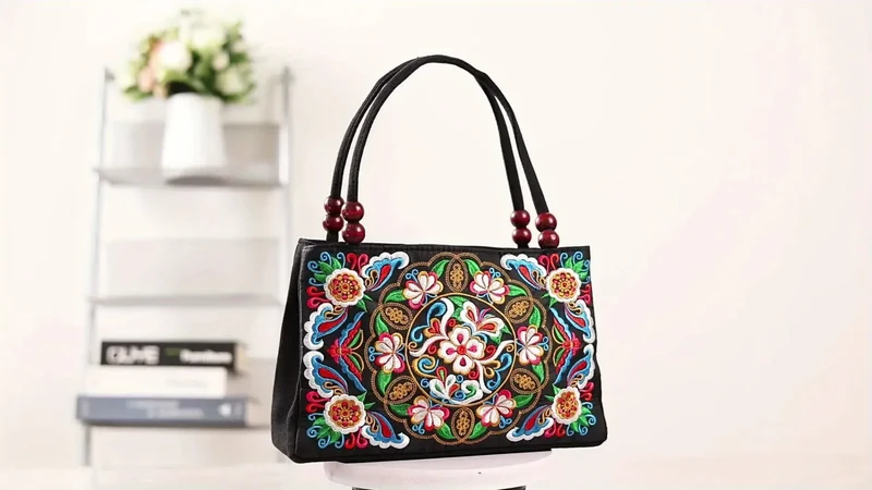 Women's Embroidered Handbag - Double Zipper, Printed Design, Stylish and Spacious