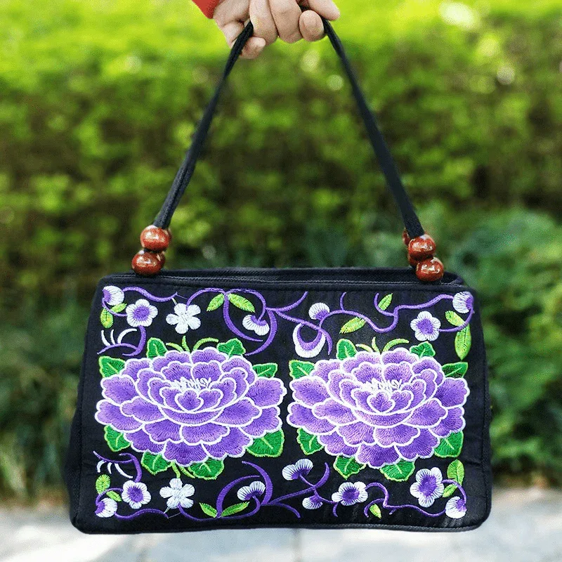 Women's Embroidered Handbag - Double Zipper, Printed Design, Stylish and Spacious