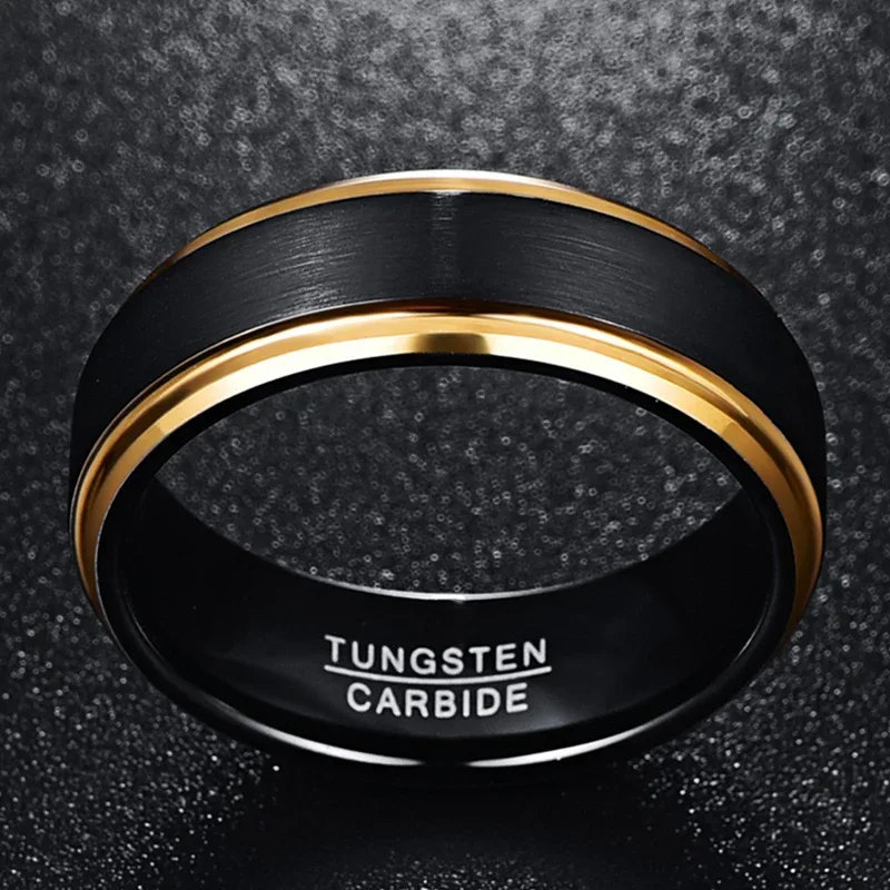 8mm Width Vacuum Plating Golden Edge Black Matte Surface Men's Tungsten Ring USA Size 7-15