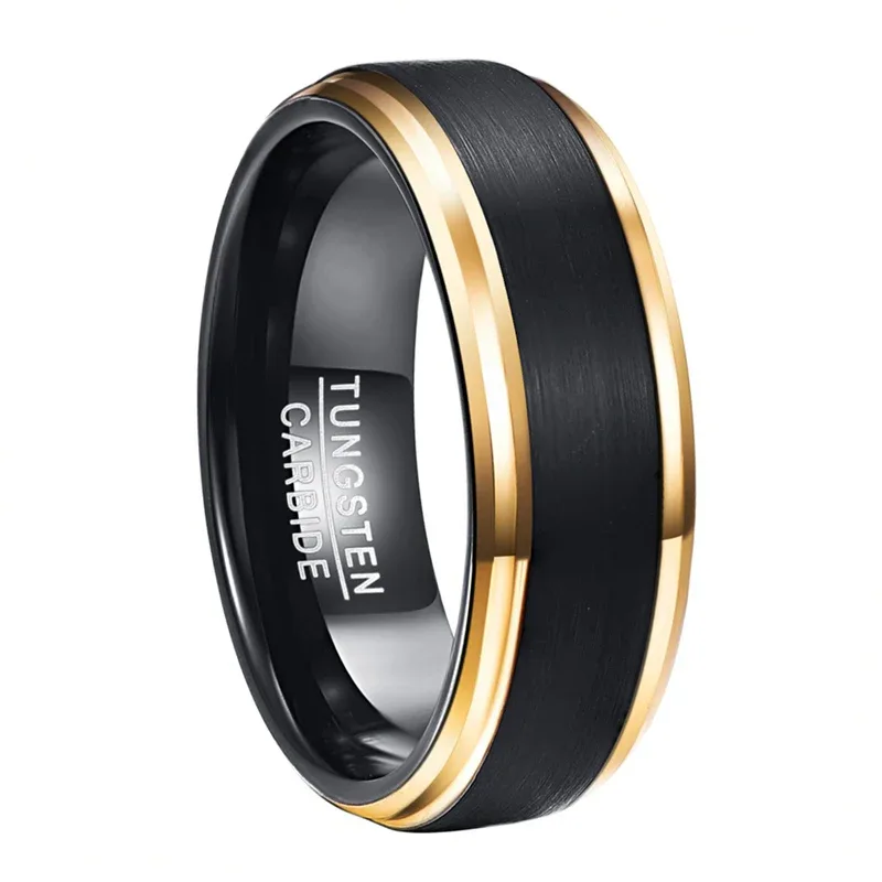 8mm Width Vacuum Plating Golden Edge Black Matte Surface Men's Tungsten Ring USA Size 7-15