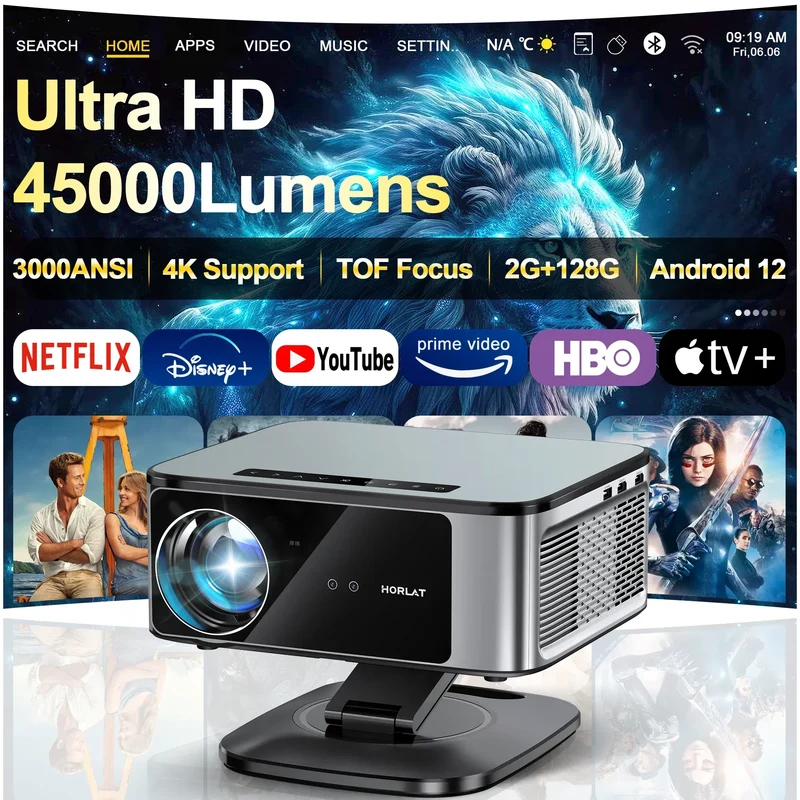 2025 HORLAT 45000 Lumens 4K UHD Projector Laser TOF Focus Android 12 WiFi 6 1080P Full HD Daylight Home Theater Movie Projector