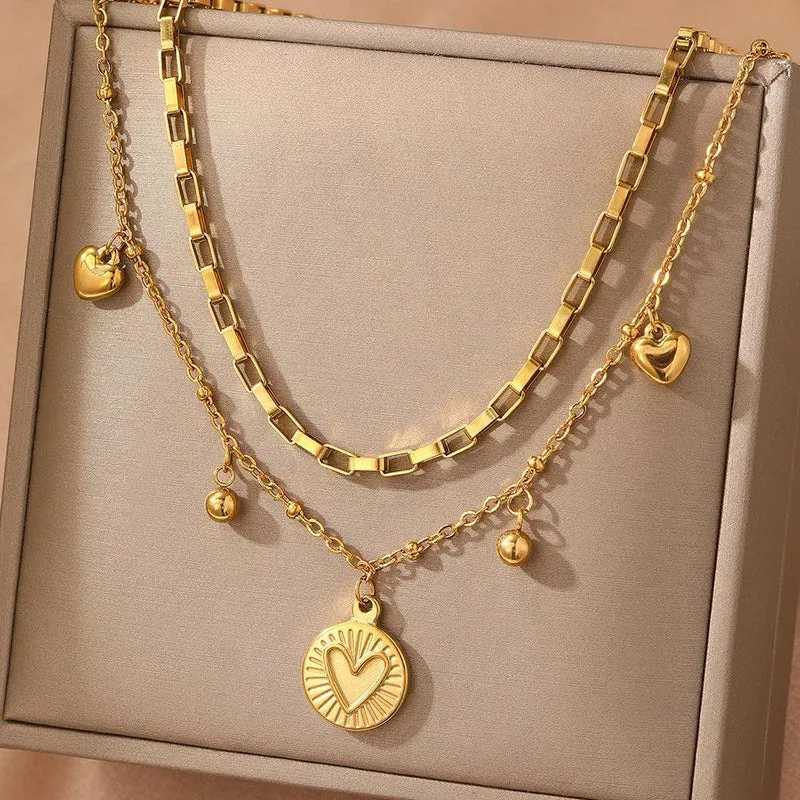 woiwoi Stainless Steel Necklace Luxury Exquisite Peach Heart Double Layer Bone Chain Ladies Jewelry Birthday Anniversary Gift