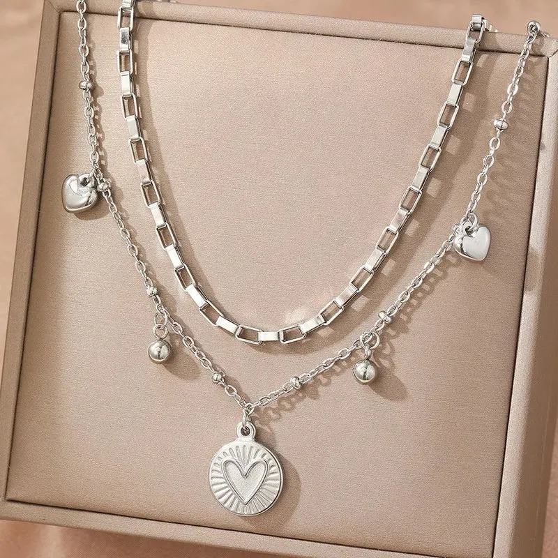 woiwoi Stainless Steel Necklace Luxury Exquisite Peach Heart Double Layer Bone Chain Ladies Jewelry Birthday Anniversary Gift