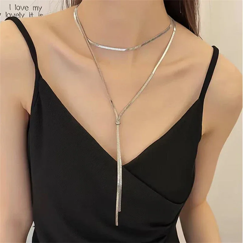 316L Stainless Steel New Fashion Fine Jewelry 134cm Pull Adjusting Charm Flat Snake Chain Choker Necklaces Pendants For Women