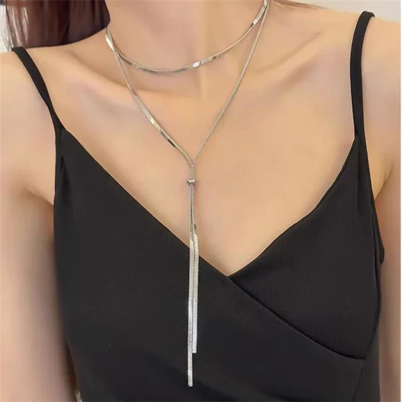316L Stainless Steel New Fashion Fine Jewelry 134cm Pull Adjusting Charm Flat Snake Chain Choker Necklaces Pendants For Women