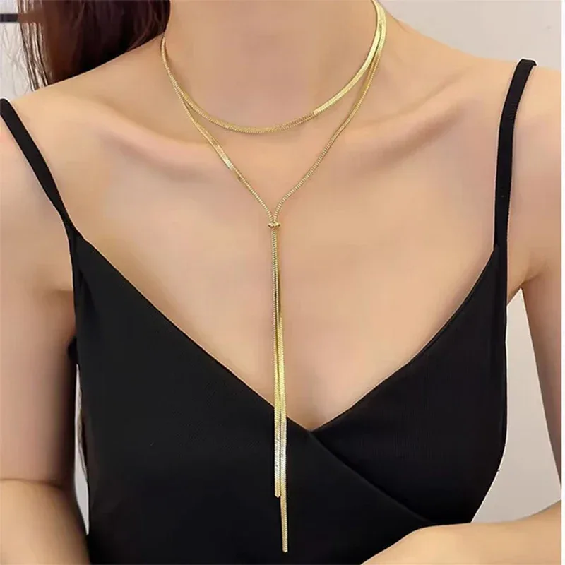 316L Stainless Steel New Fashion Fine Jewelry 134cm Pull Adjusting Charm Flat Snake Chain Choker Necklaces Pendants For Women