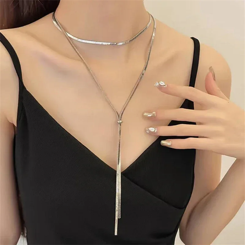 316L Stainless Steel New Fashion Fine Jewelry 134cm Pull Adjusting Charm Flat Snake Chain Choker Necklaces Pendants For Women