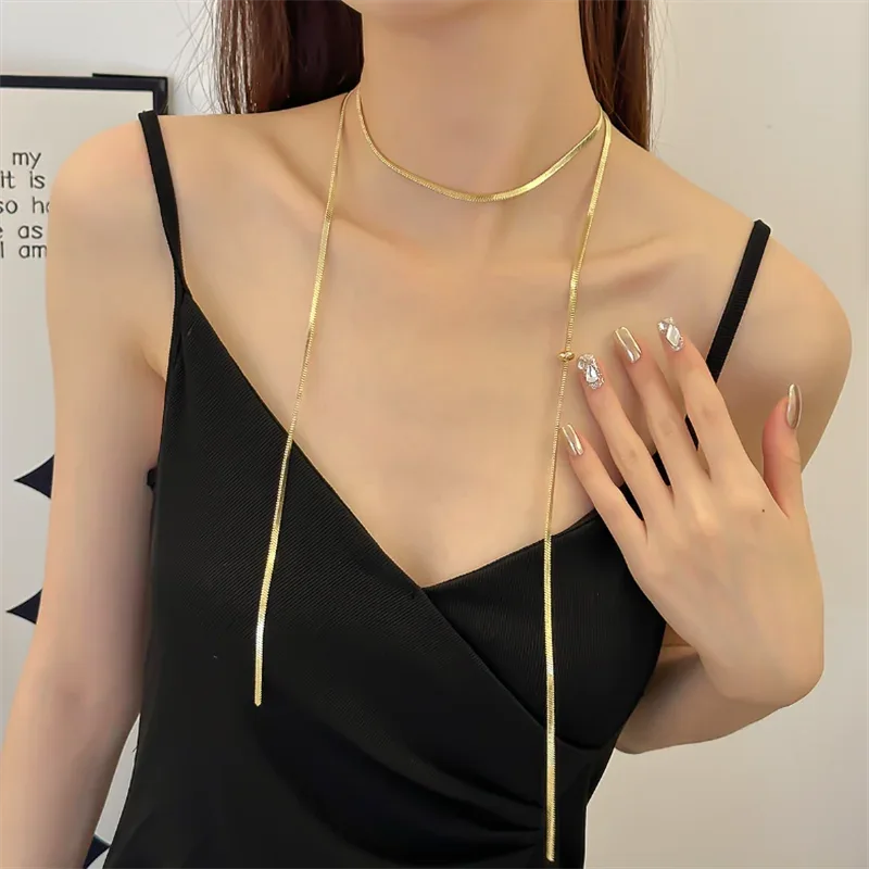 316L Stainless Steel New Fashion Fine Jewelry 134cm Pull Adjusting Charm Flat Snake Chain Choker Necklaces Pendants For Women