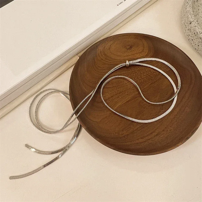 316L Stainless Steel New Fashion Fine Jewelry 134cm Pull Adjusting Charm Flat Snake Chain Choker Necklaces Pendants For Women