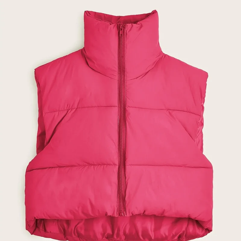 Women'S Sleeveless Vest - Vibrant Pink Slim-Fit Alternative Coat with Drawstring Hood, Zipper Front & Pockets for Fall/Winter Casual Wear, Casual Winter Wear | High Neckline Vest | Zippered Jacket