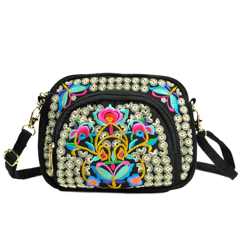 Vibrant Floral Embroidered Crossbody Bag for Women - Lightweight, Double-Sided Design with Detachable Strap, Zipper Closure, and Phone Pocket - Perfect for Casual Outings, Travel Accessory | Vibrant Pattern Bag | Coin Purse