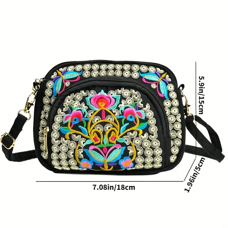 Vibrant Floral Embroidered Crossbody Bag for Women - Lightweight, Double-Sided Design with Detachable Strap, Zipper Closure, and Phone Pocket - Perfect for Casual Outings, Travel Accessory | Vibrant Pattern Bag | Coin Purse