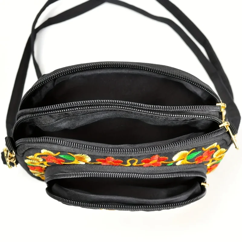 Vibrant Floral Embroidered Crossbody Bag for Women - Lightweight, Double-Sided Design with Detachable Strap, Zipper Closure, and Phone Pocket - Perfect for Casual Outings, Travel Accessory | Vibrant Pattern Bag | Coin Purse