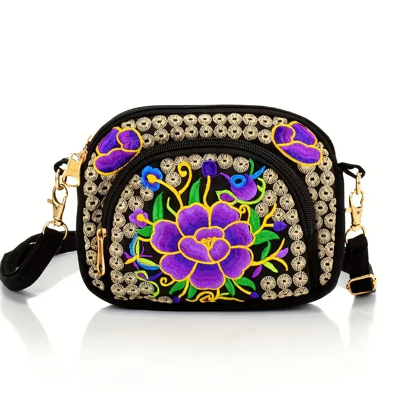 Vibrant Floral Embroidered Crossbody Bag for Women - Lightweight, Double-Sided Design with Detachable Strap, Zipper Closure, and Phone Pocket - Perfect for Casual Outings, Travel Accessory | Vibrant Pattern Bag | Coin Purse
