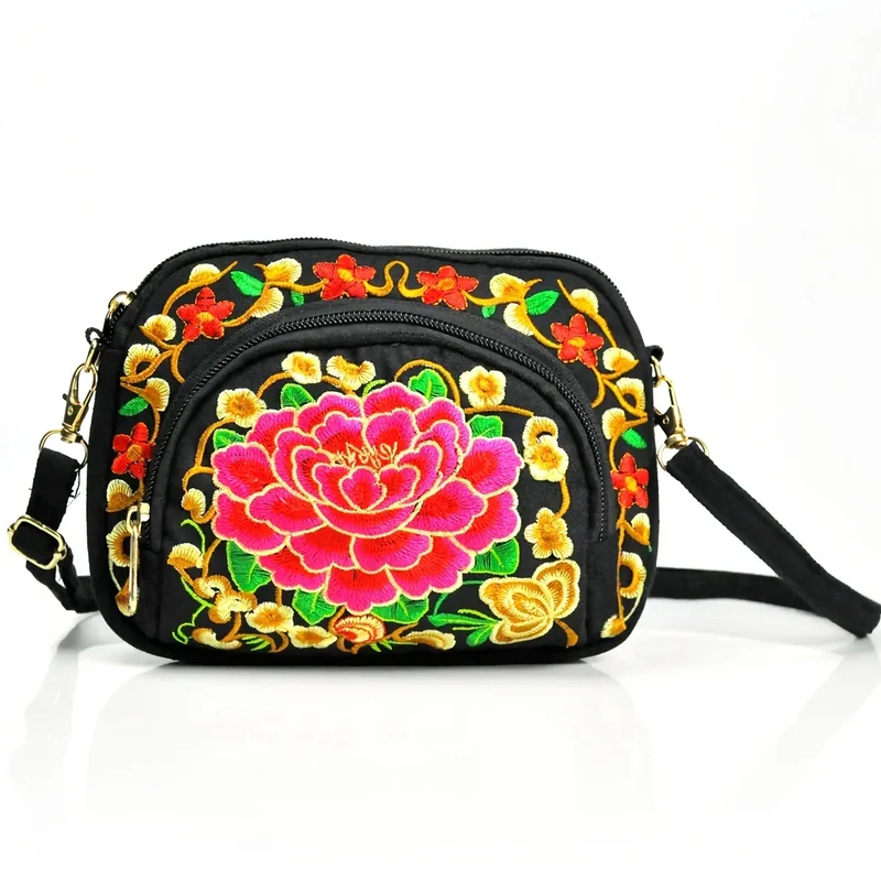 Vibrant Floral Embroidered Crossbody Bag for Women - Lightweight, Double-Sided Design with Detachable Strap, Zipper Closure, and Phone Pocket - Perfect for Casual Outings, Travel Accessory | Vibrant Pattern Bag | Coin Purse