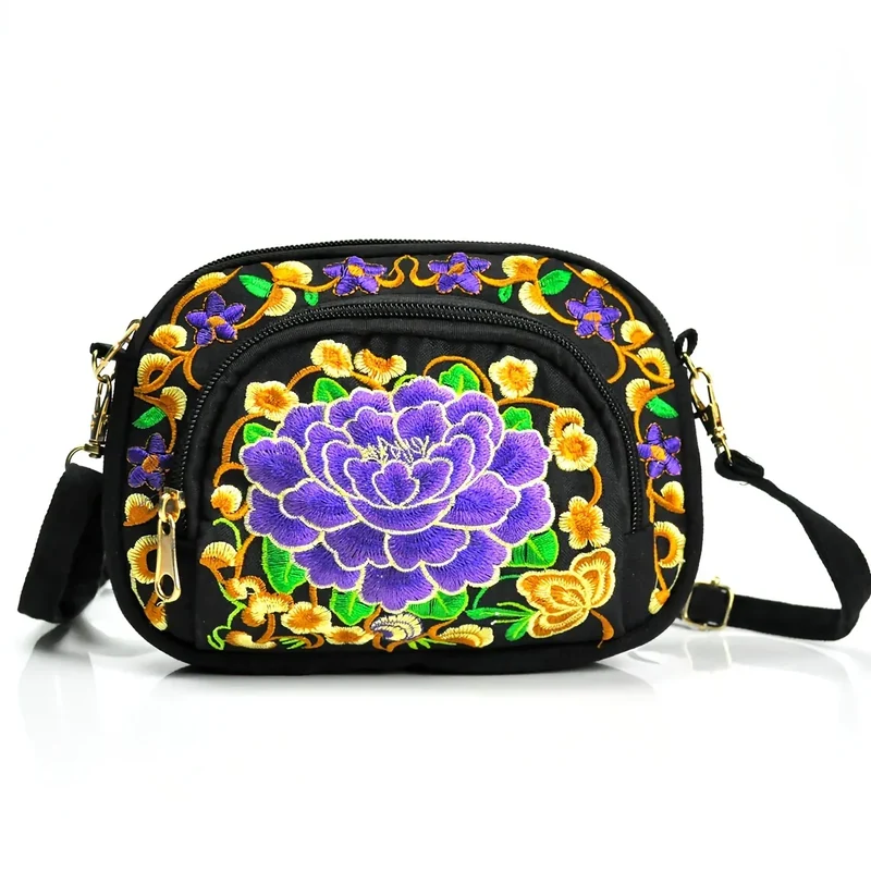 Vibrant Floral Embroidered Crossbody Bag for Women - Lightweight, Double-Sided Design with Detachable Strap, Zipper Closure, and Phone Pocket - Perfect for Casual Outings, Travel Accessory | Vibrant Pattern Bag | Coin Purse