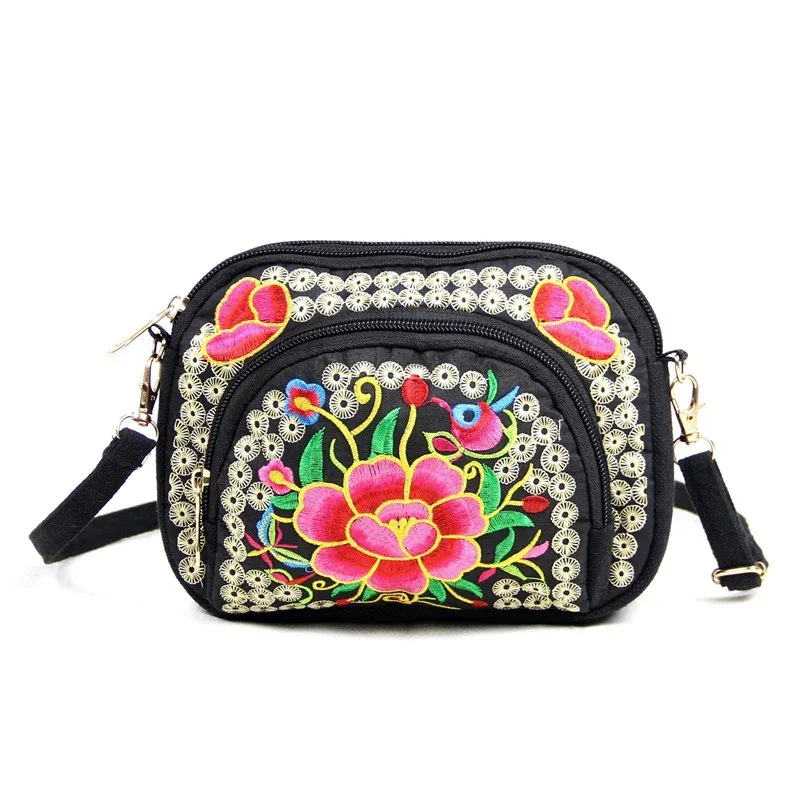 Vibrant Floral Embroidered Crossbody Bag for Women - Lightweight, Double-Sided Design with Detachable Strap, Zipper Closure, and Phone Pocket - Perfect for Casual Outings, Travel Accessory | Vibrant Pattern Bag | Coin Purse