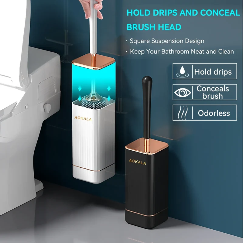 Aokala Toilet Brush And Holder, Elegant Toilet Bowl Brush Set with Ergonomic Long Handle, Modern Bathroom Decor Cleaning Accessories, Durable, Deep Cleaning Christmas Gifts/Halloween Gifts! - Black & White