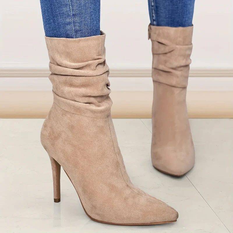 Women's Long Leg Knee High Boots for Autumn and Winter 2025, New Style for Women with Pointed Toes, Fine Heels, and Wrinkled Middle Heels, Women Shoes
