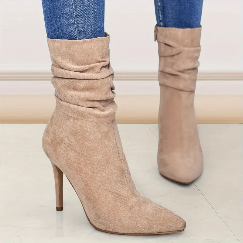 Women's Long Leg Knee High Boots for Autumn and Winter 2025, New Style for Women with Pointed Toes, Fine Heels, and Wrinkled Middle Heels, Women Shoes