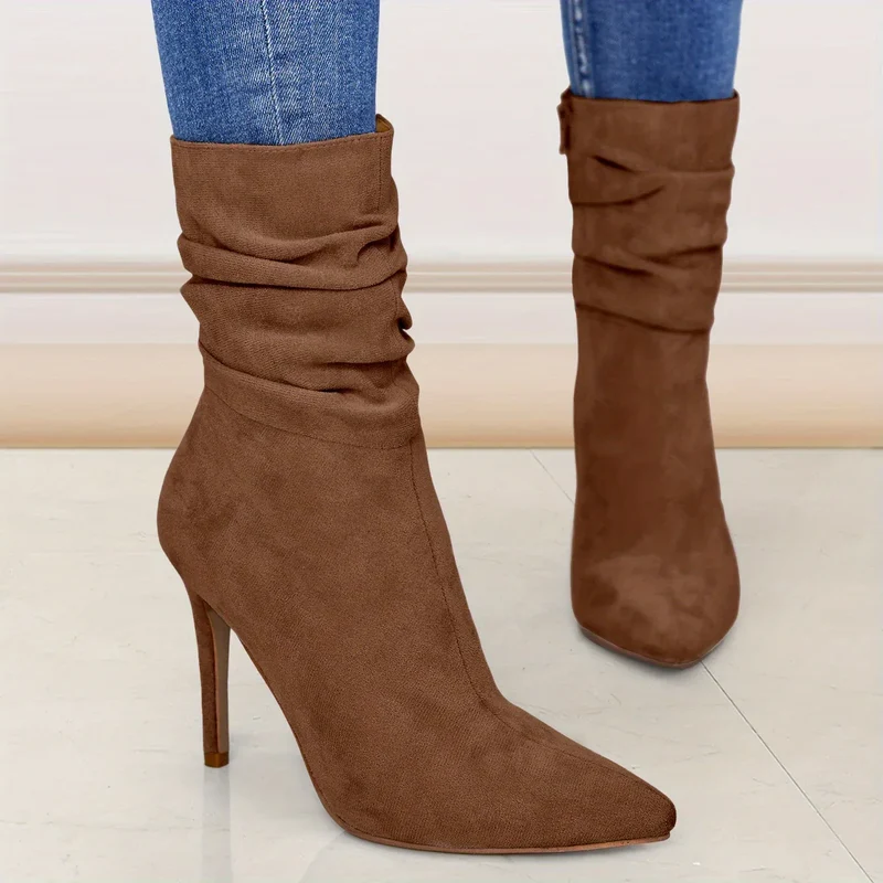 Women's Long Leg Knee High Boots for Autumn and Winter 2025, New Style for Women with Pointed Toes, Fine Heels, and Wrinkled Middle Heels, Women Shoes
