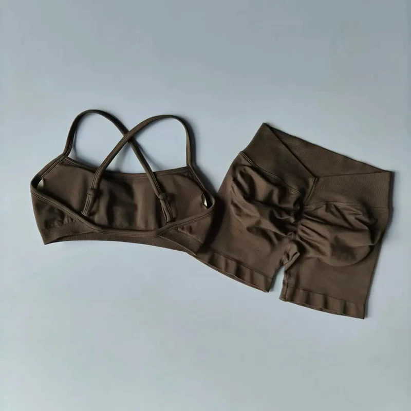 Seamless Yoga Shorts Set Yoga Women's Fitness Tight Bra Top Vest Gym Set Elastic Hip Lifting Gym Shorts Sports 2pcs Workout Suit