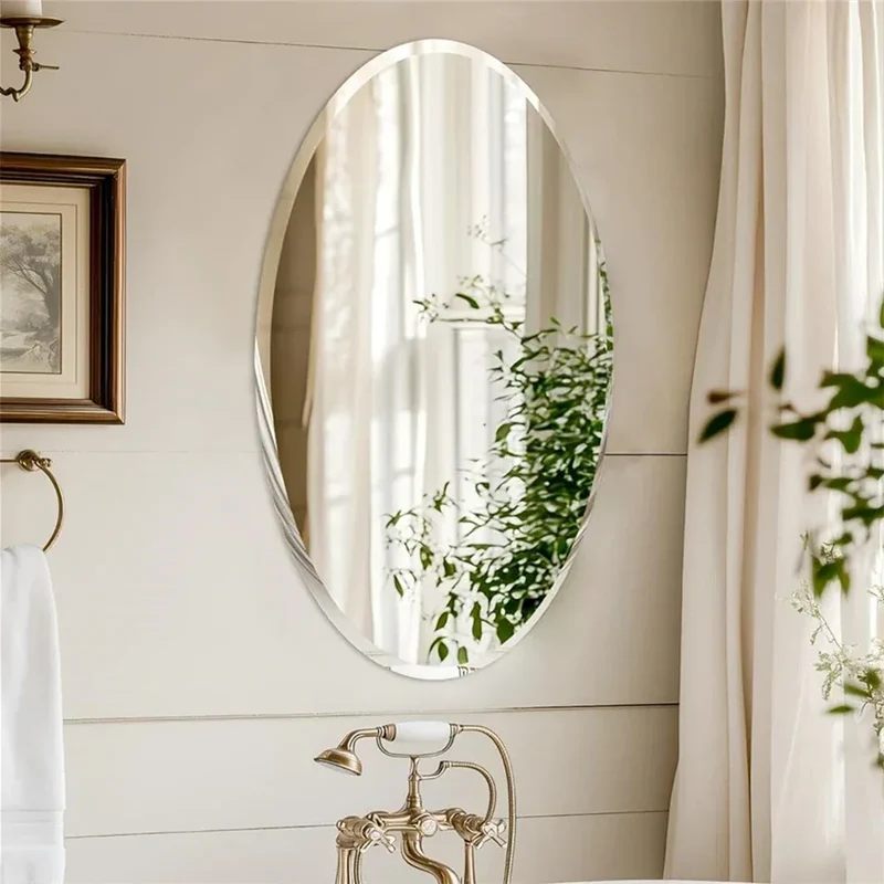 Frameless Oval Wall Mirror High Definition Elliptical Vanity Mirror with Beveled Silver Edge for Bathroom Bedroom Livingroom
