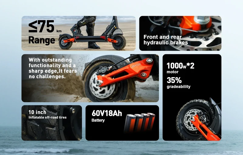 JOYOR T10 Adult Electric Scooter 1000W*2 Motor 60V18AH Battery Off-Road Escooter 10" Off-Road Tire Foldable E-Scooter