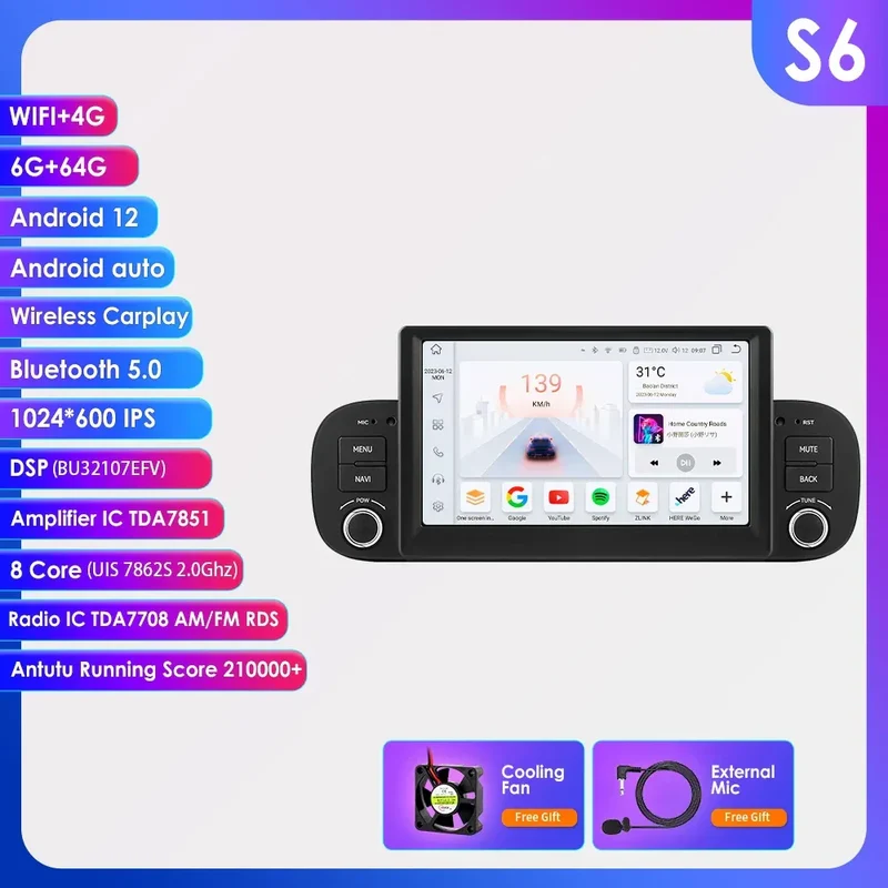 Hizpo 2Din 7inch Android14 Car Radio for Fiat Panda 2013 - 2020 GPS Navigation 4G BT Carplay RDS DSP SWC UI7862 Multimedia
