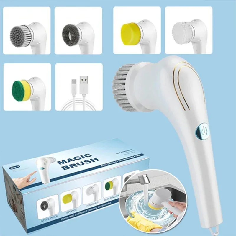 Multifunction Electric Cleaning Brush, Kitchen Dryer, Dishwasher Tool, Bathroom Wash, USB Charging, 5 in 1
