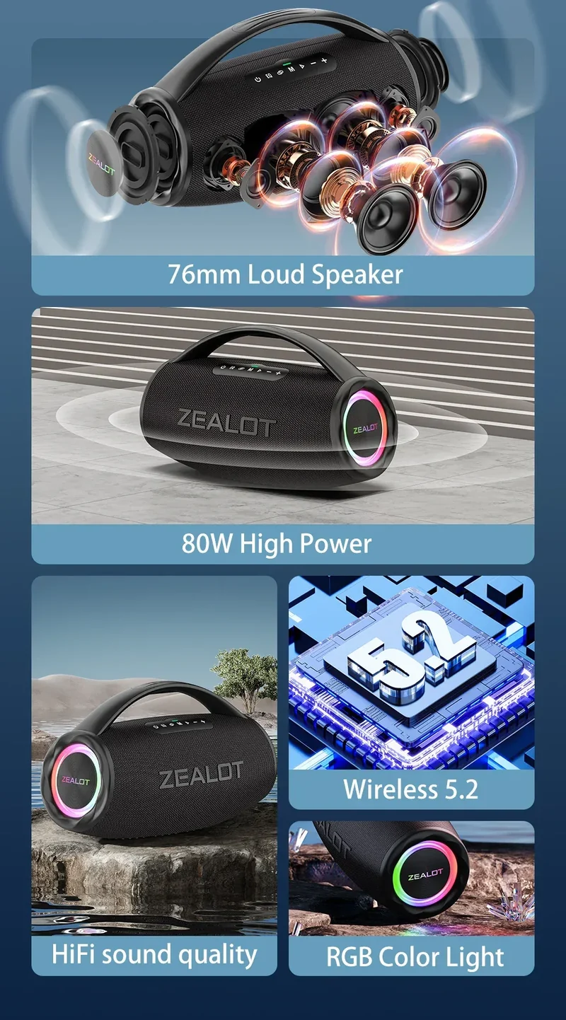 ZEALOT S97 80W Wireless speaker, Outdoor Portable Subwoofer Speaker, Hifi Sound quality,Dual Pairing, Fast Charging,16000mAh.