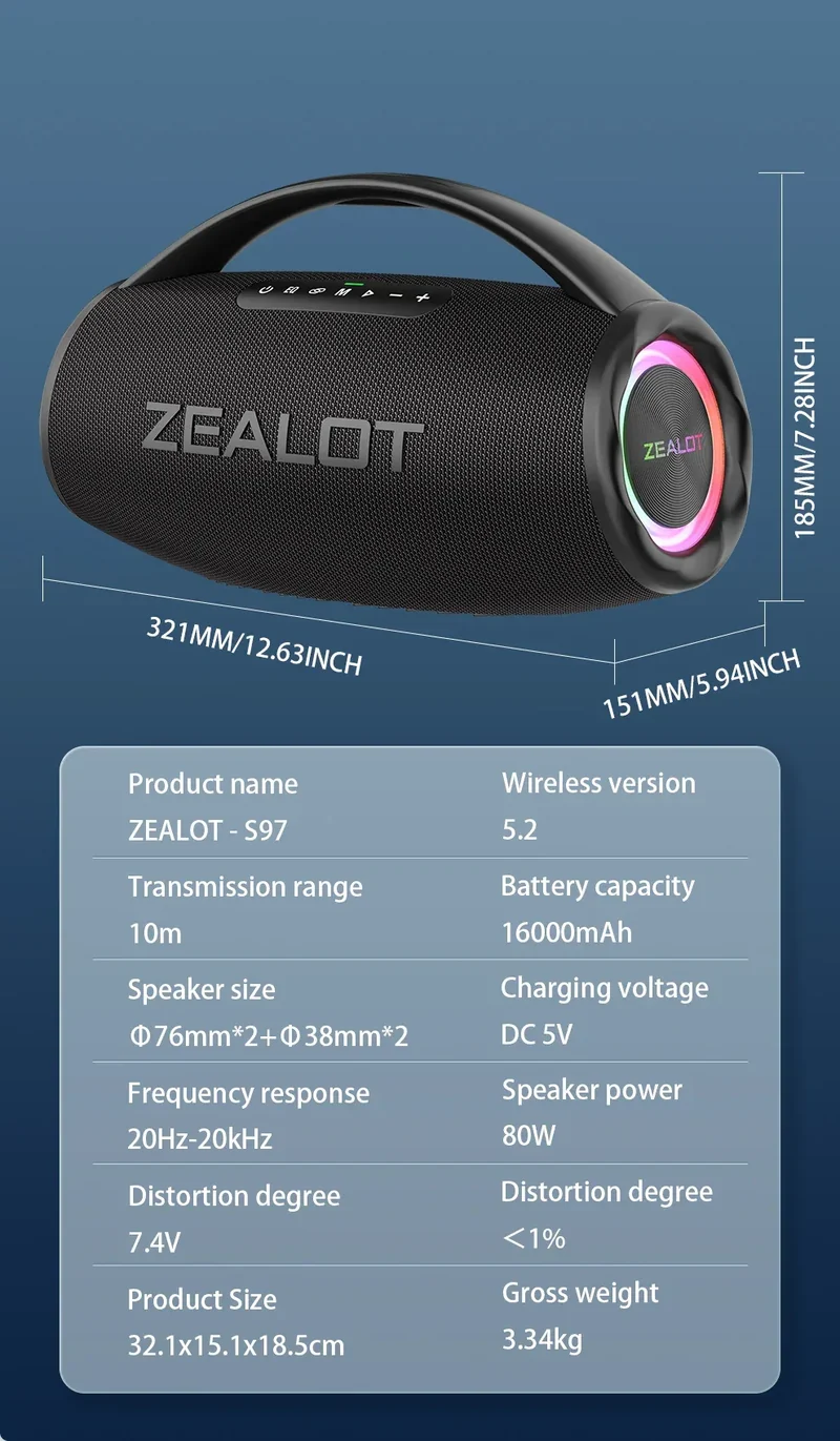 ZEALOT S97 80W Wireless speaker, Outdoor Portable Subwoofer Speaker, Hifi Sound quality,Dual Pairing, Fast Charging,16000mAh.