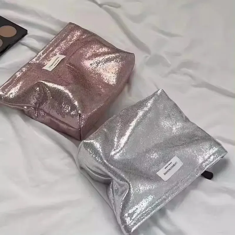 Portable Large Capacity Shiny Sequins Cosmetic Bags Silver Champagne for Women Toiletries Skincare Storage Bag Make Up Pouch