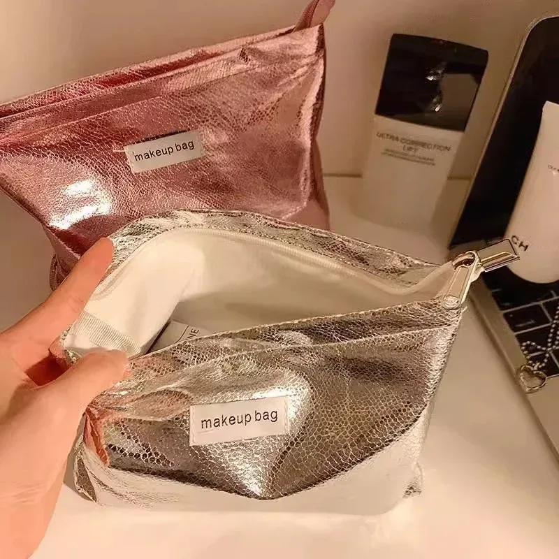 Portable Large Capacity Shiny Sequins Cosmetic Bags Silver Champagne for Women Toiletries Skincare Storage Bag Make Up Pouch