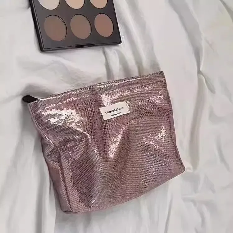 Portable Large Capacity Shiny Sequins Cosmetic Bags Silver Champagne for Women Toiletries Skincare Storage Bag Make Up Pouch