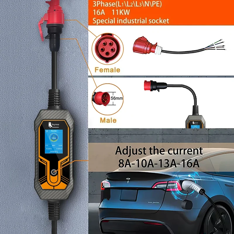 feyree 32A 7KW Type2 EV Portable Charger 3.5KW 16A 1Phase EVSE Charging Box 11KW 16A 3Phase Car Charger for Electric Vehicle