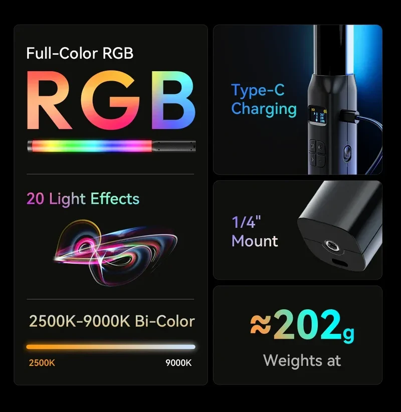 Ulanzi Upgraded VL119 10W RGB Light Wand Stick Light Handheld Stick for Protrait Photography Live Streaming with Type-C Charging