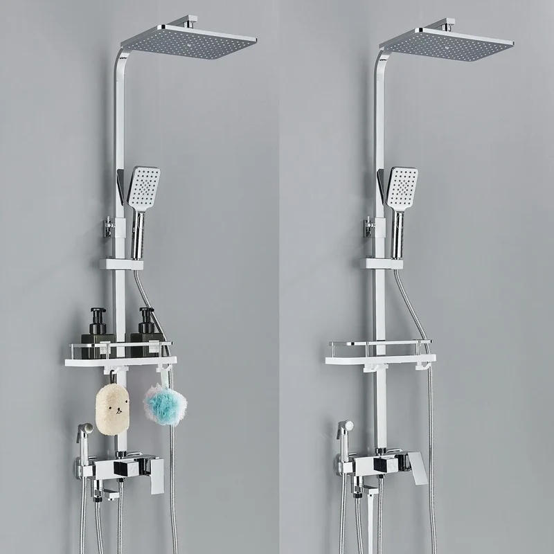 Chrome Brass Shower Faucet Set Rainfall Bathtub Tap With Bathroom Shelf 4 Function Height Adjust Shower Mixer Crane Fast Delivey