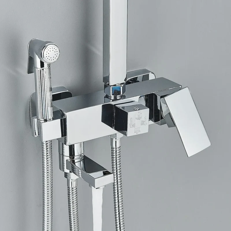 Chrome Brass Shower Faucet Set Rainfall Bathtub Tap With Bathroom Shelf 4 Function Height Adjust Shower Mixer Crane Fast Delivey