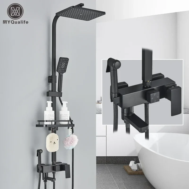 Chrome Brass Shower Faucet Set Rainfall Bathtub Tap With Bathroom Shelf 4 Function Height Adjust Shower Mixer Crane Fast Delivey