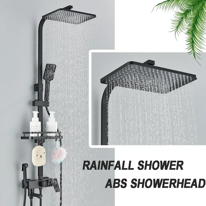 Chrome Brass Shower Faucet Set Rainfall Bathtub Tap With Bathroom Shelf 4 Function Height Adjust Shower Mixer Crane Fast Delivey
