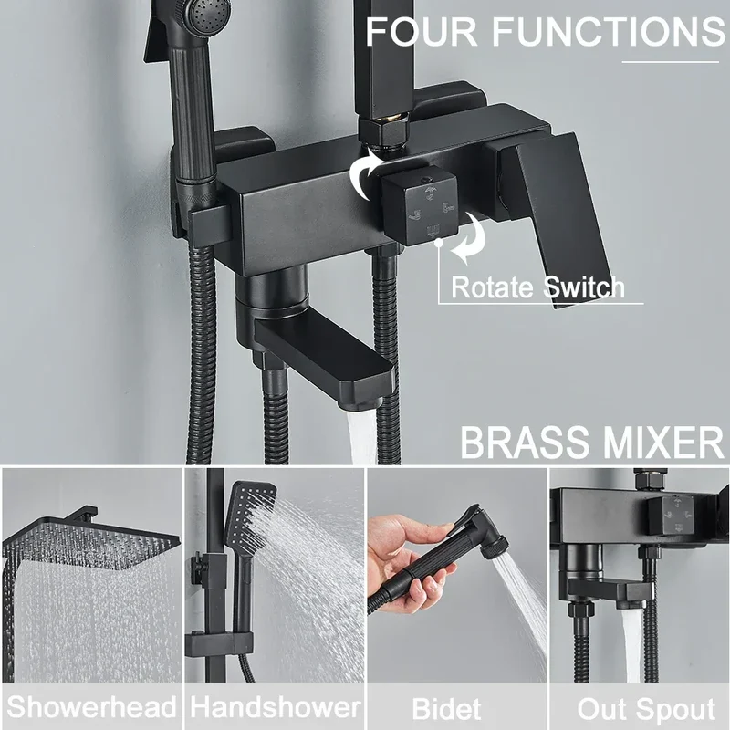 Chrome Brass Shower Faucet Set Rainfall Bathtub Tap With Bathroom Shelf 4 Function Height Adjust Shower Mixer Crane Fast Delivey