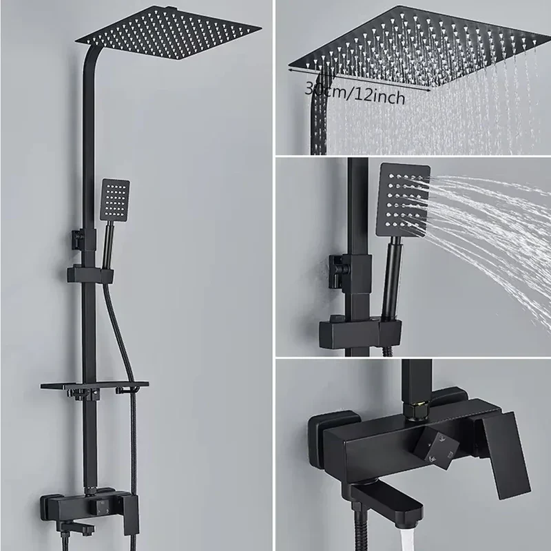 Chrome Brass Shower Faucet Set Rainfall Bathtub Tap With Bathroom Shelf 4 Function Height Adjust Shower Mixer Crane Fast Delivey