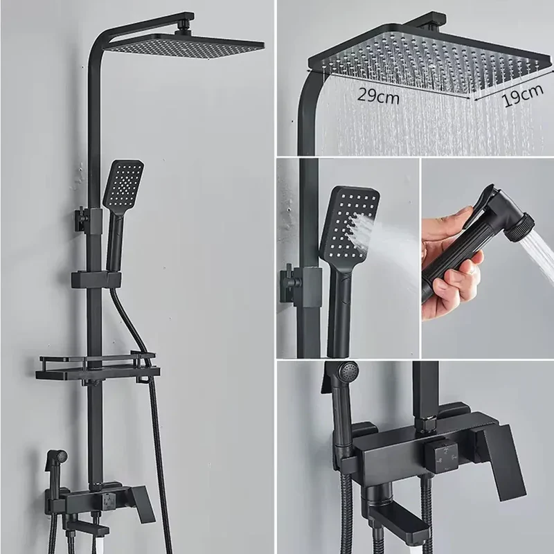 Chrome Brass Shower Faucet Set Rainfall Bathtub Tap With Bathroom Shelf 4 Function Height Adjust Shower Mixer Crane Fast Delivey