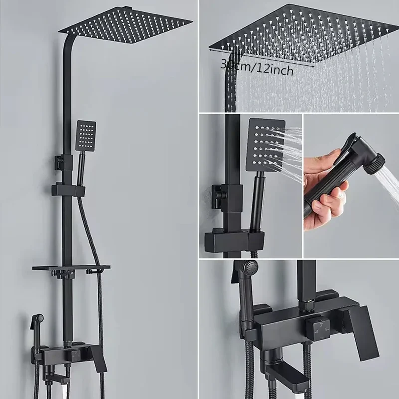 Chrome Brass Shower Faucet Set Rainfall Bathtub Tap With Bathroom Shelf 4 Function Height Adjust Shower Mixer Crane Fast Delivey