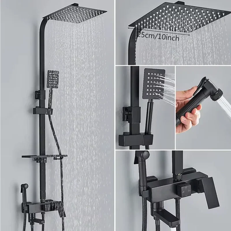 Chrome Brass Shower Faucet Set Rainfall Bathtub Tap With Bathroom Shelf 4 Function Height Adjust Shower Mixer Crane Fast Delivey