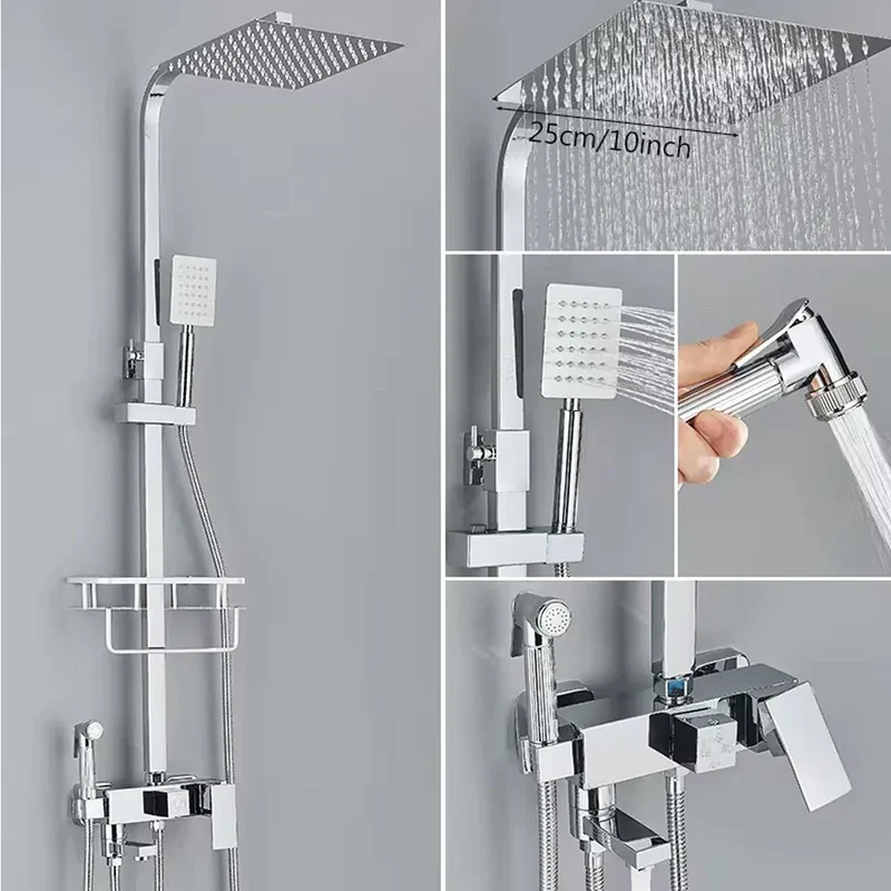 Chrome Brass Shower Faucet Set Rainfall Bathtub Tap With Bathroom Shelf 4 Function Height Adjust Shower Mixer Crane Fast Delivey
